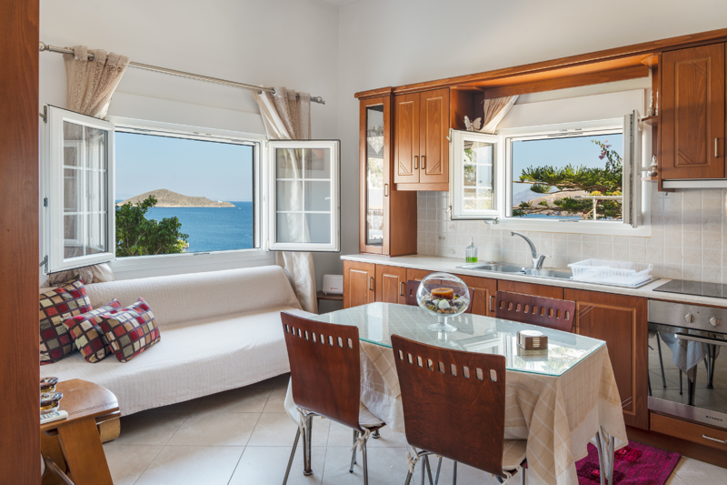 Kitchen with sea views in Anna House in Leros, Greece
